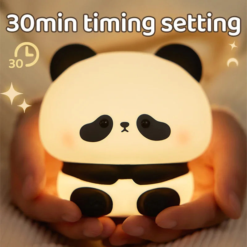 Panda-shaped night light held in hands with '30min timing setting' text above.