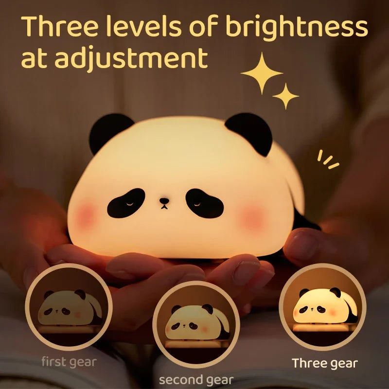 Panda lamp held in hands with three levels of brightness indicated.