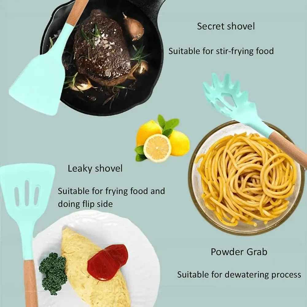 12-Piece Silicone Kitchen Utensil Set – Best Heat-Resistant Cooking Utensils with Wooden Handles