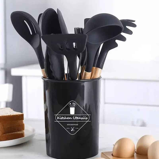 12-Piece Silicone Kitchen Utensil Set – Best Heat-Resistant Cooking Utensils with Wooden Handles