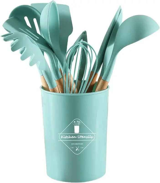 12-Piece Silicone Kitchen Utensil Set – Best Heat-Resistant Cooking Utensils with Wooden Handles