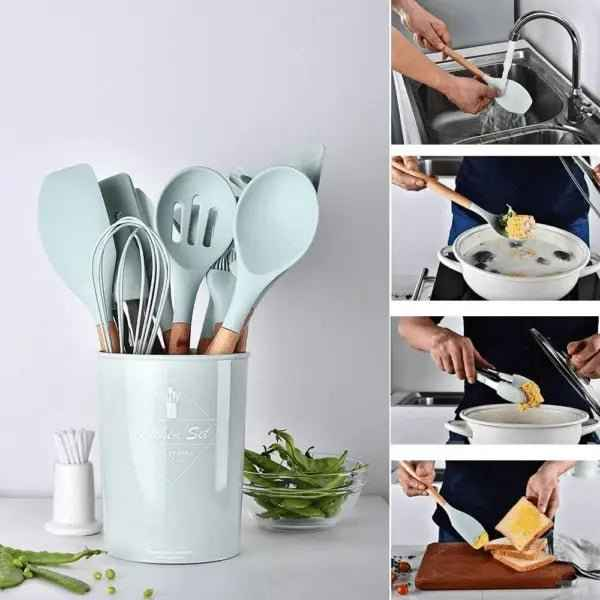 12-Piece Silicone Kitchen Utensil Set – Best Heat-Resistant Cooking Utensils with Wooden Handles