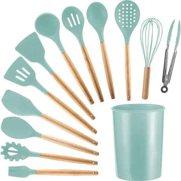 12-Piece Silicone Kitchen Utensil Set – Best Heat-Resistant Cooking Utensils with Wooden Handles