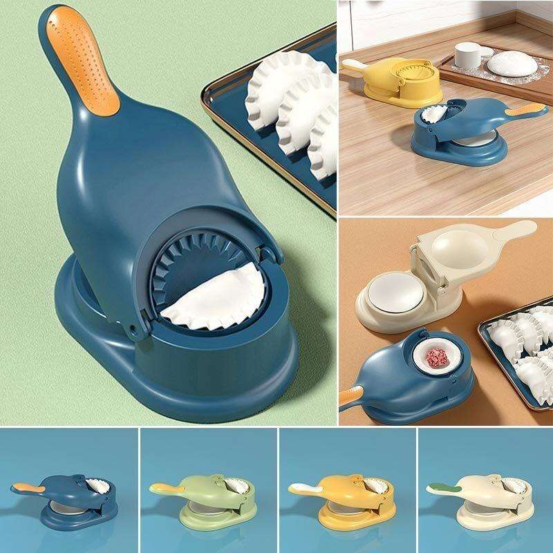 Collage of a blue dough press with different colored handles on a green background.