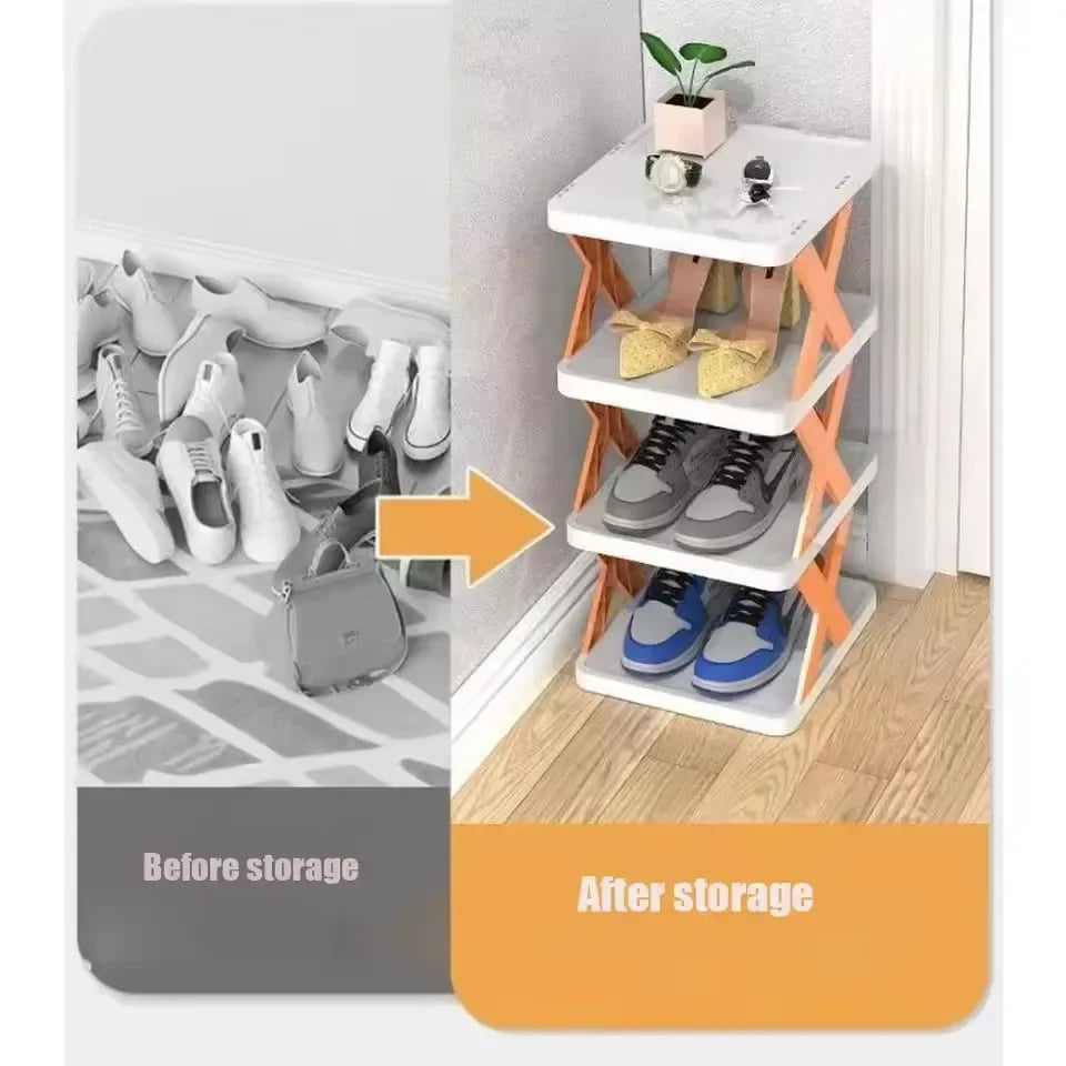 Before and after comparison of a shoe storage solution with shoes on a white shelf.