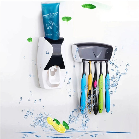 Set of colorful toothbrushes and a toothpaste dispenser on a white background with water effects.