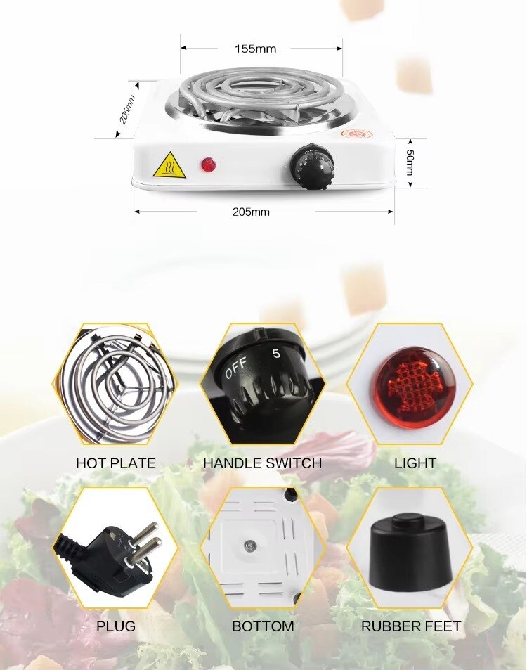 Portable electric stove with dimensions and parts labeled on a white background