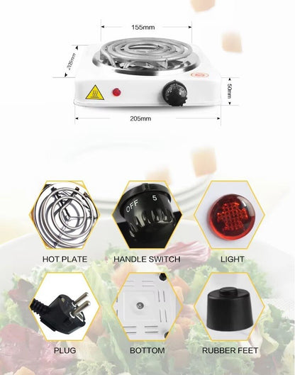 Portable electric stove with dimensions and parts labeled on a white background