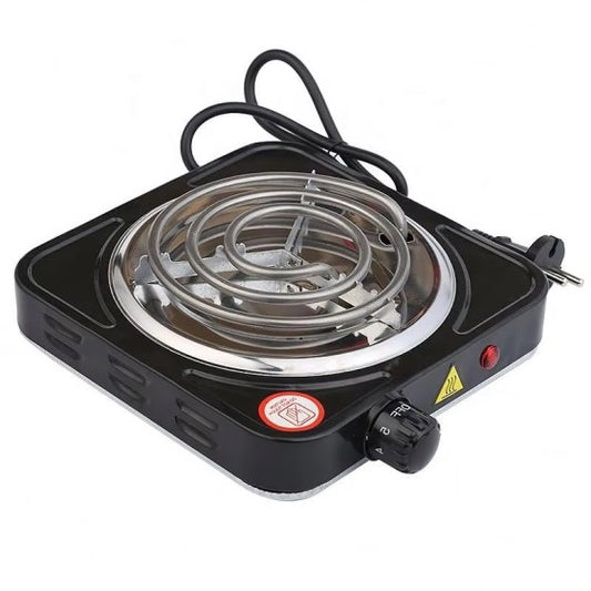 Portable electric stove with metal coil on a white background