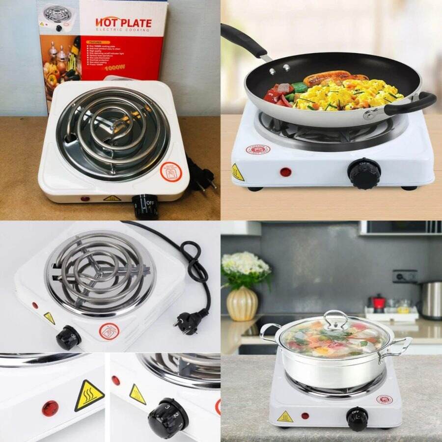 Collage of an electric stove with cooking scenes and packaging.