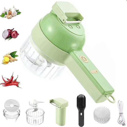 Green 4-in-1 Portable Electric Vegetable Cutter with attachments on a white background