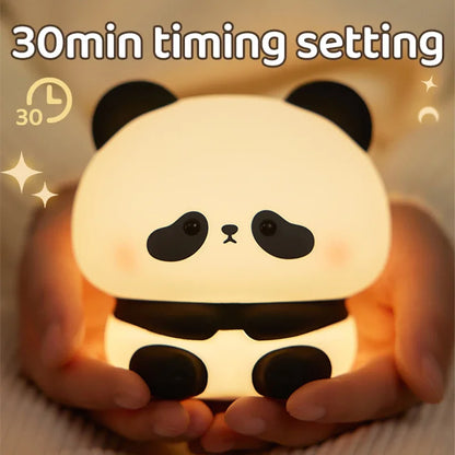 Panda-shaped night light held in hands with '30min timing setting' text above.