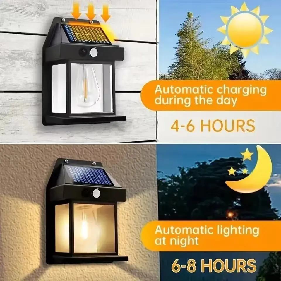 Solar wall light installed in garden daytime
