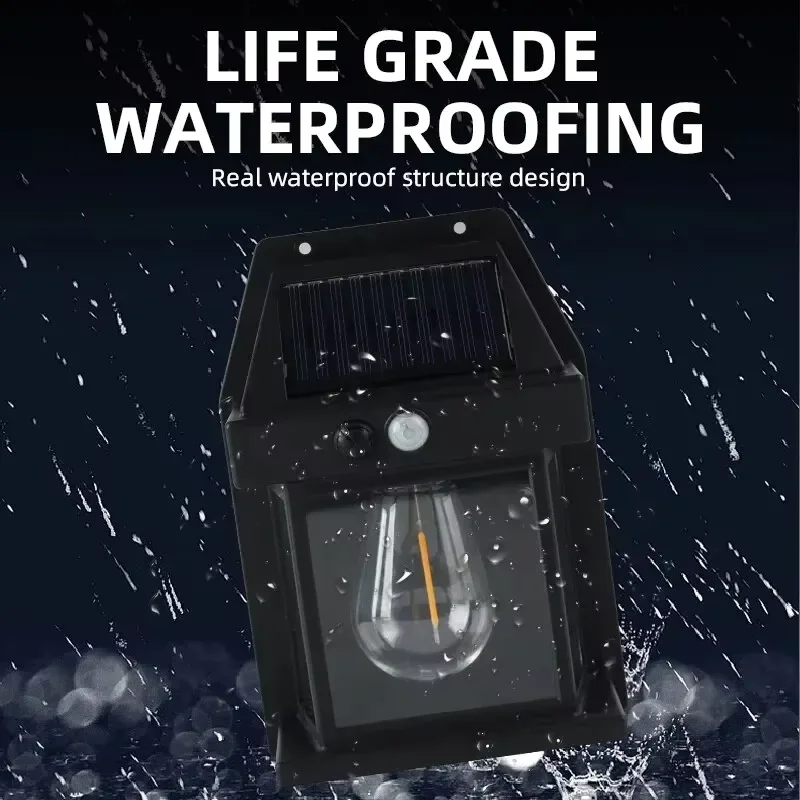 Waterproof solar wall light illuminating at night