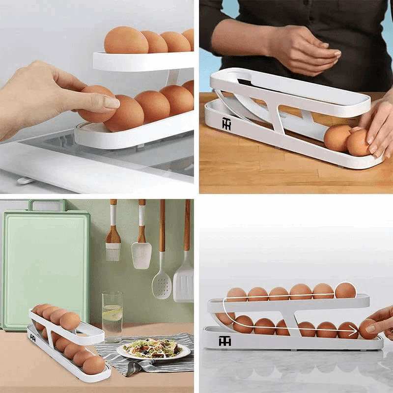 Collage of an egg holder with eggs on a kitchen counter.