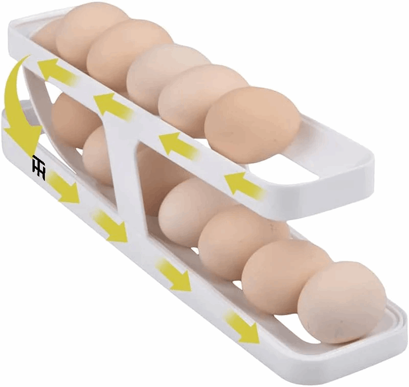 White egg holder with yellow arrows containing brown eggs on a white background