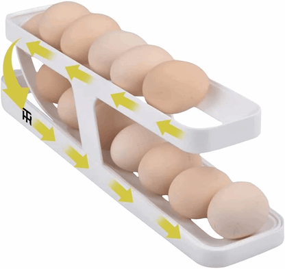 White egg holder with yellow arrows containing brown eggs on a white background