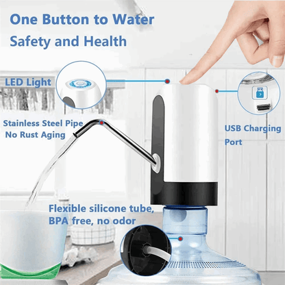 Water dispenser with features highlighted, including LED light, stainless steel pipe, USB charging port, and flexible silicone tube.