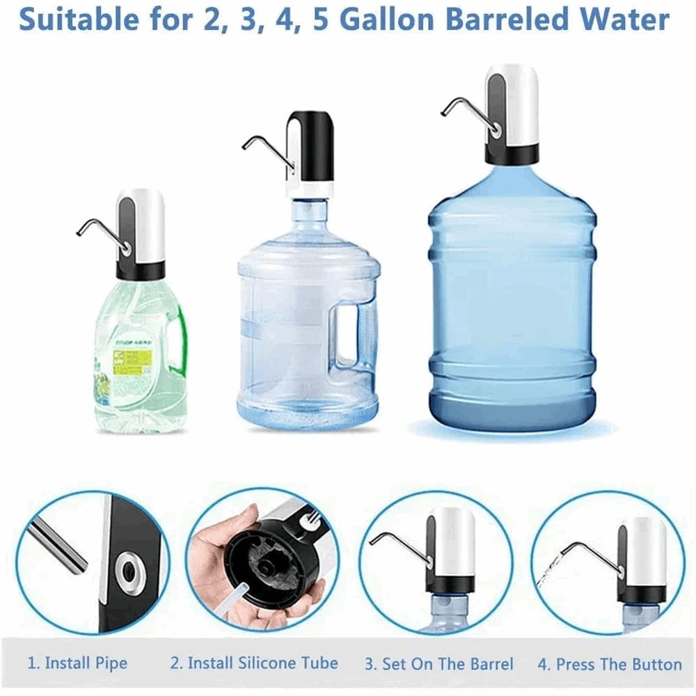 Water dispenser system for 2, 3, 4, 5 gallon barrels with installation steps shown.