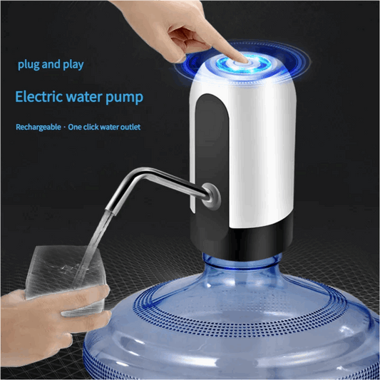 USB rechargeable electric water dispenser pump with a hand filling a glass, on a dark background