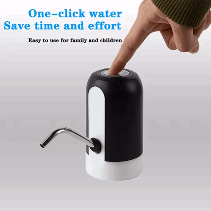 Black and white water dispenser with a hand pressing a button, text about saving time and effort.