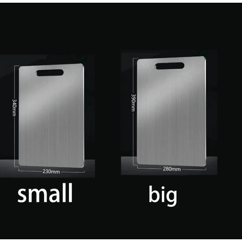 Two metal cutting boards, one labeled 'small' and the other 'big', on a black background.