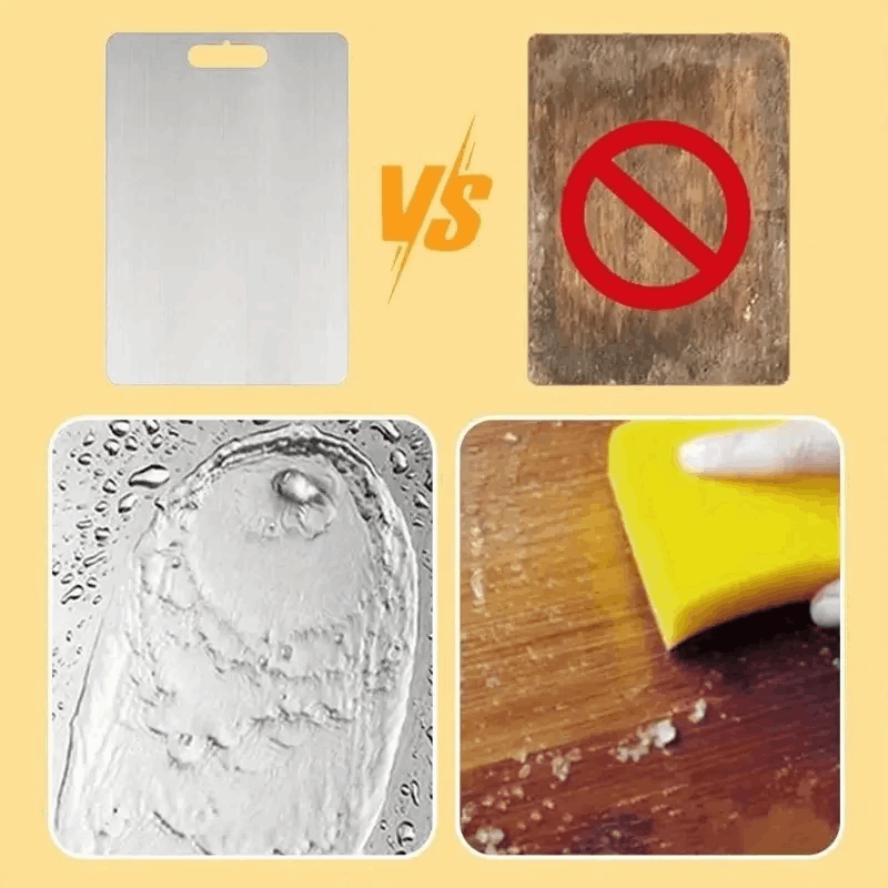 Comparison of metal and wooden cutting boards with water droplets and a sponge on a yellow background.
