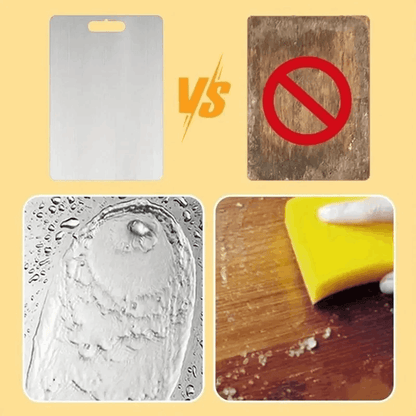 Comparison of metal and wooden cutting boards with water droplets and a sponge on a yellow background.