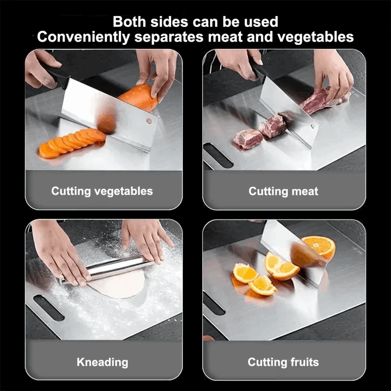 Multifunctional cutting board with different uses for vegetables, meat, kneading, and fruits.