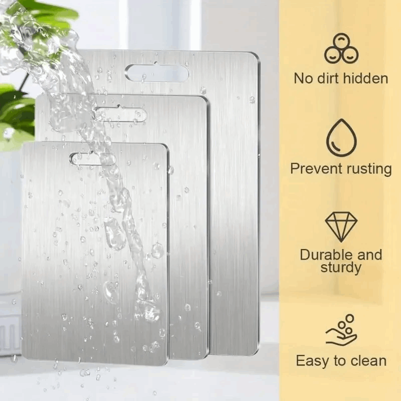 Stainless steel cutting boards with water splashes and durability features on a white background