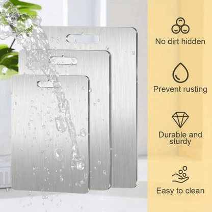 Stainless steel cutting boards with water splashes and durability features on a white background