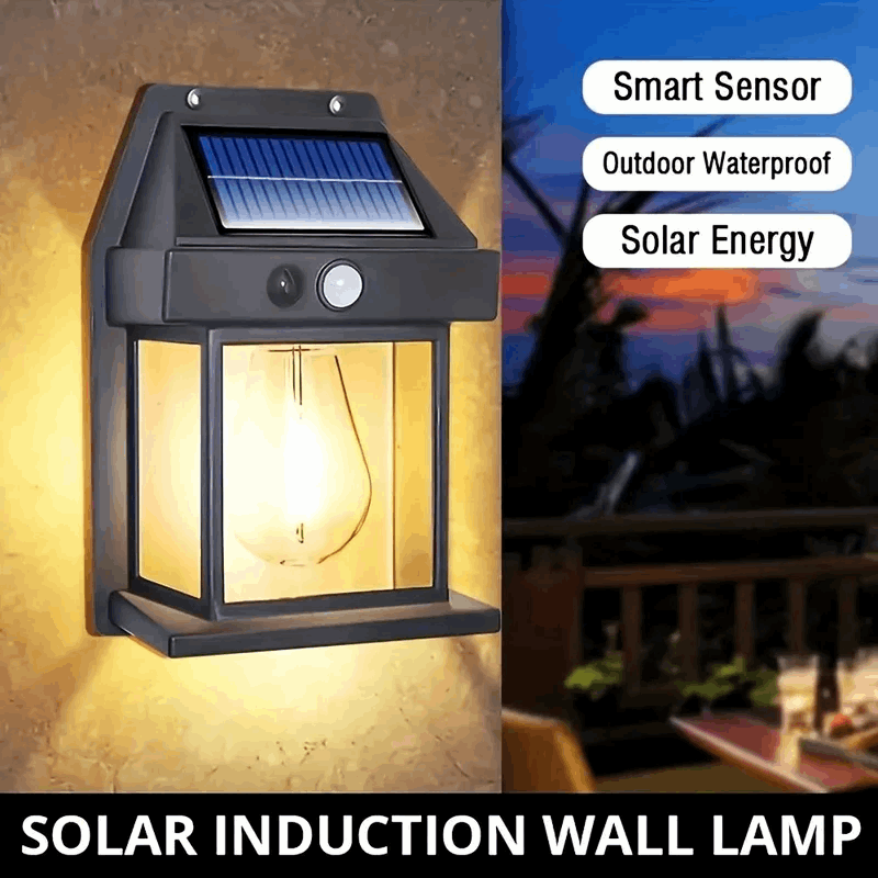 Solar induction wall lamp with smart sensor, outdoor waterproof features, and solar energy text.