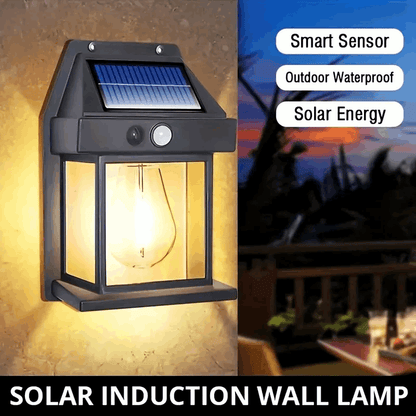 Solar induction wall lamp with smart sensor, outdoor waterproof features, and solar energy text.