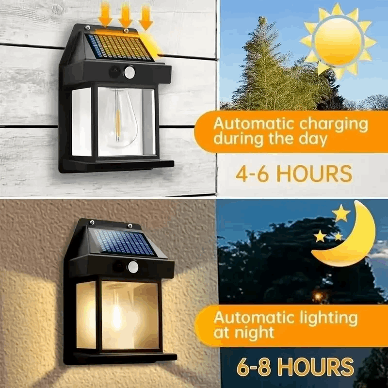 Solar-powered outdoor light with charging and lighting duration text on a wooden background