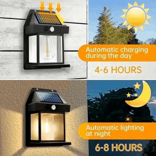 Solar-powered outdoor light with charging and lighting duration text on a wooden background