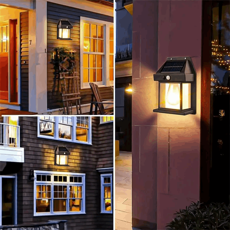 Waterproof LED solar wall lamp illuminating garden pathway