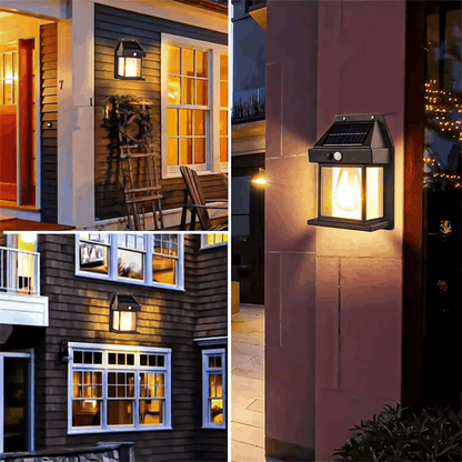 Waterproof LED solar wall lamp illuminating garden pathway